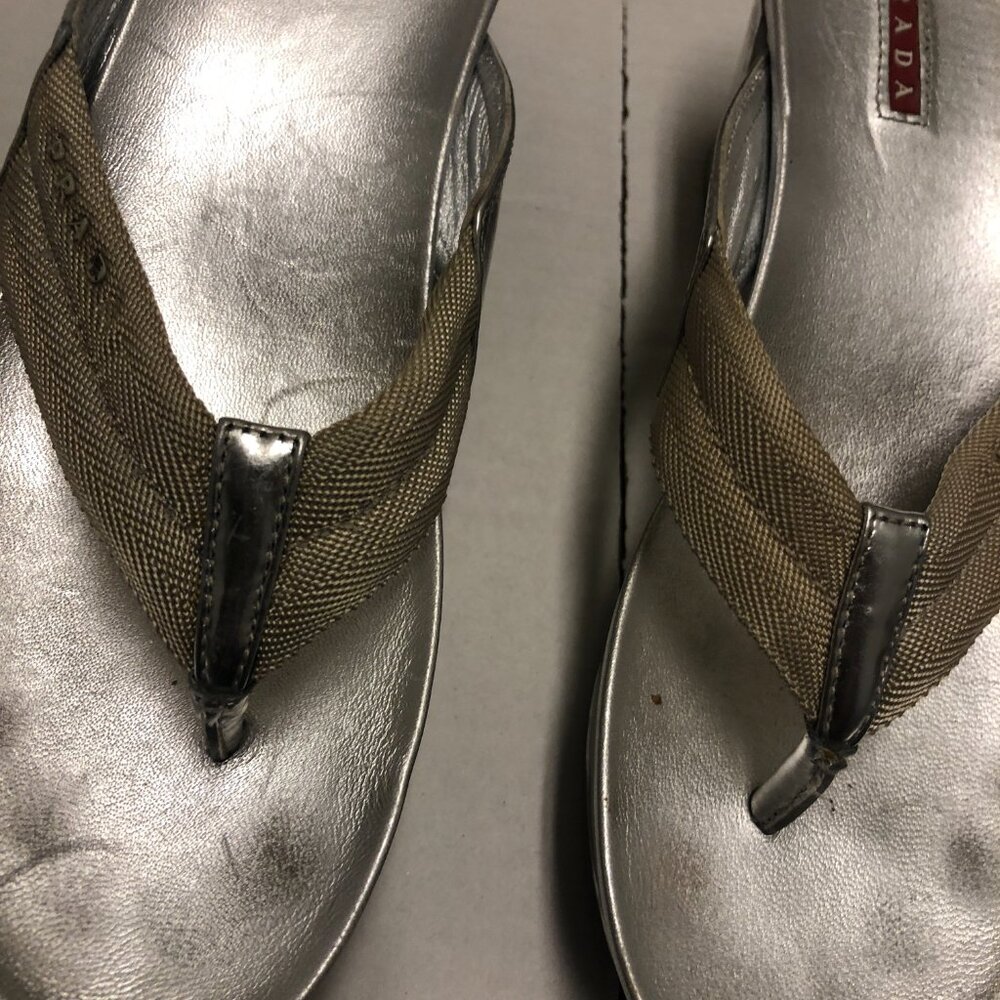 Prada silver platform wedge T-strap open toe leat… - image 8